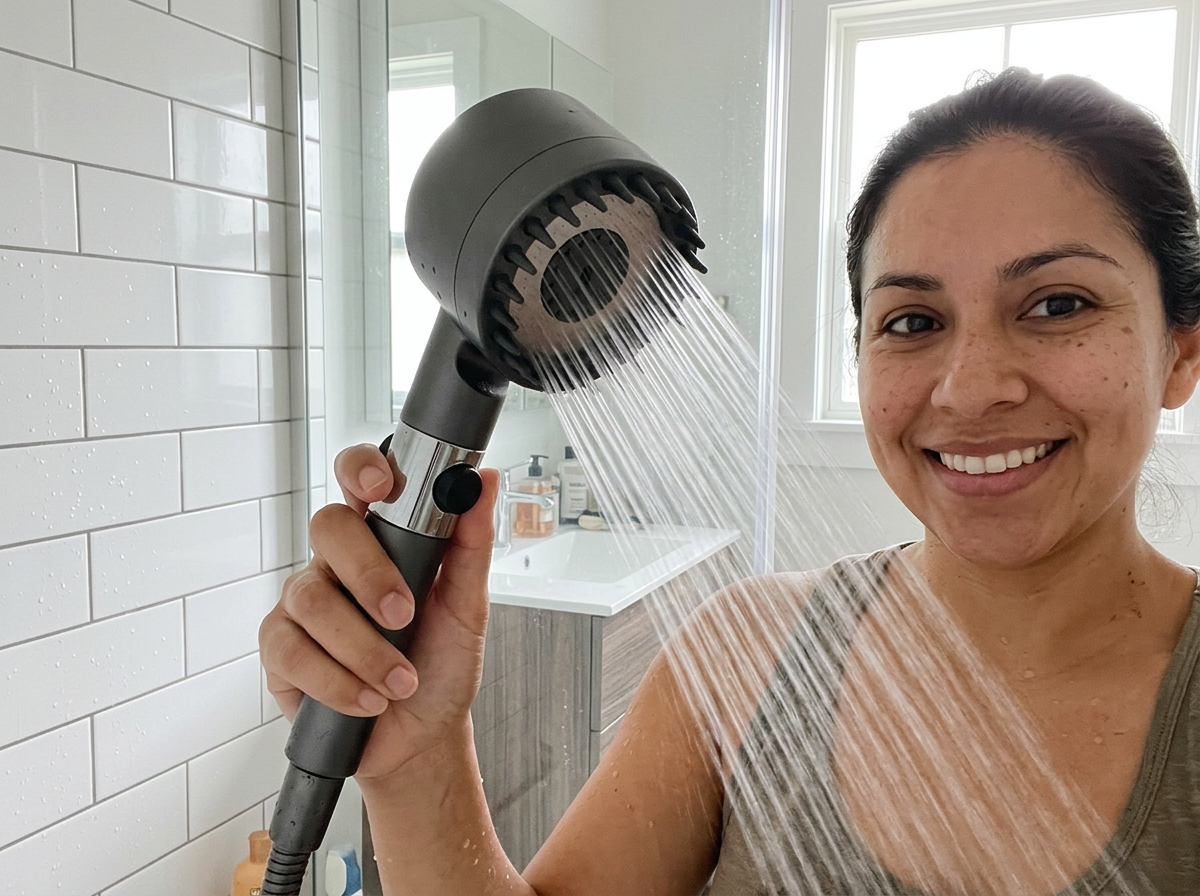 Clienta mostrando la ducha Hidraspa Max con el chorro a máxima presión