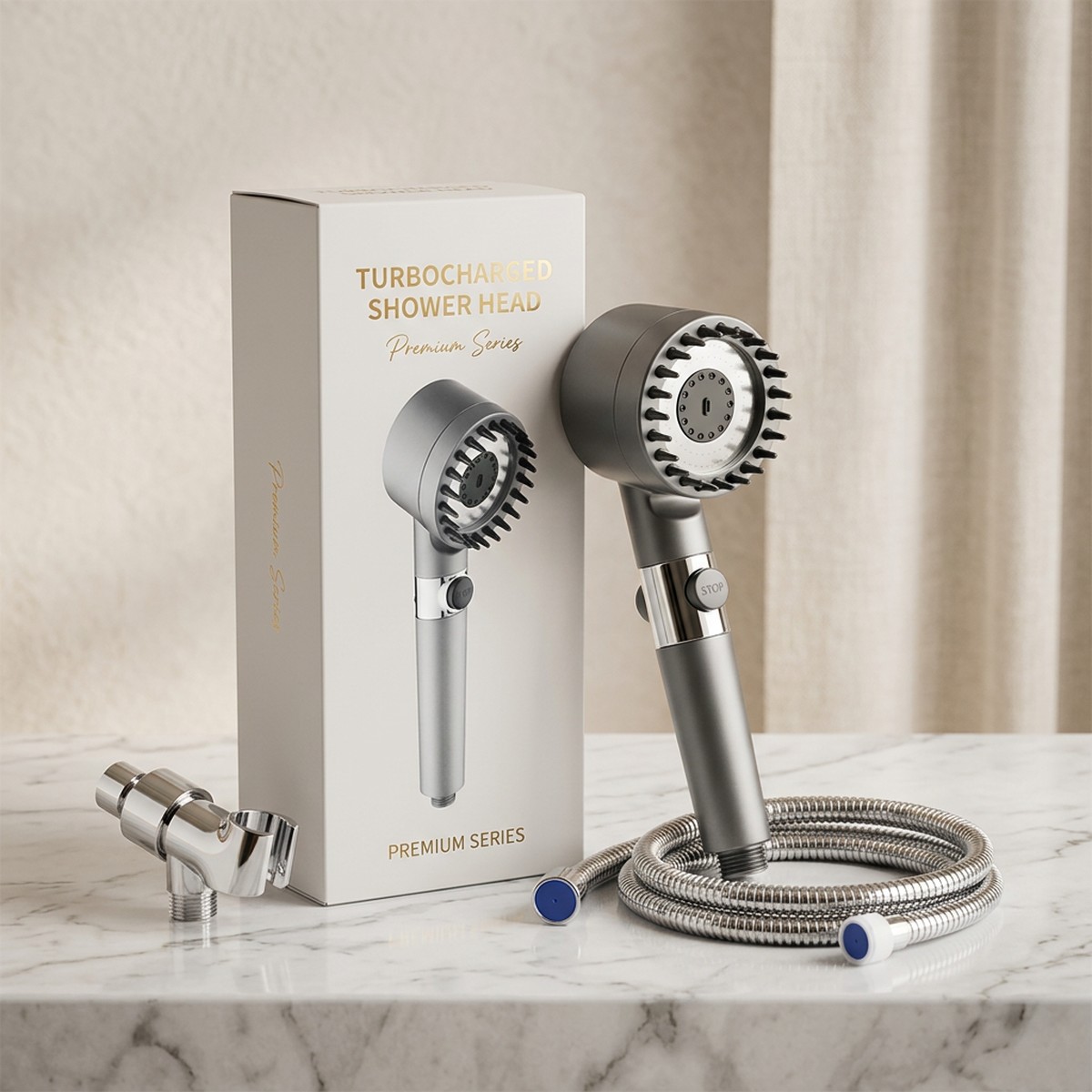 Caja premium de la Ducha Turbo Hidraspa Max sobre mármol