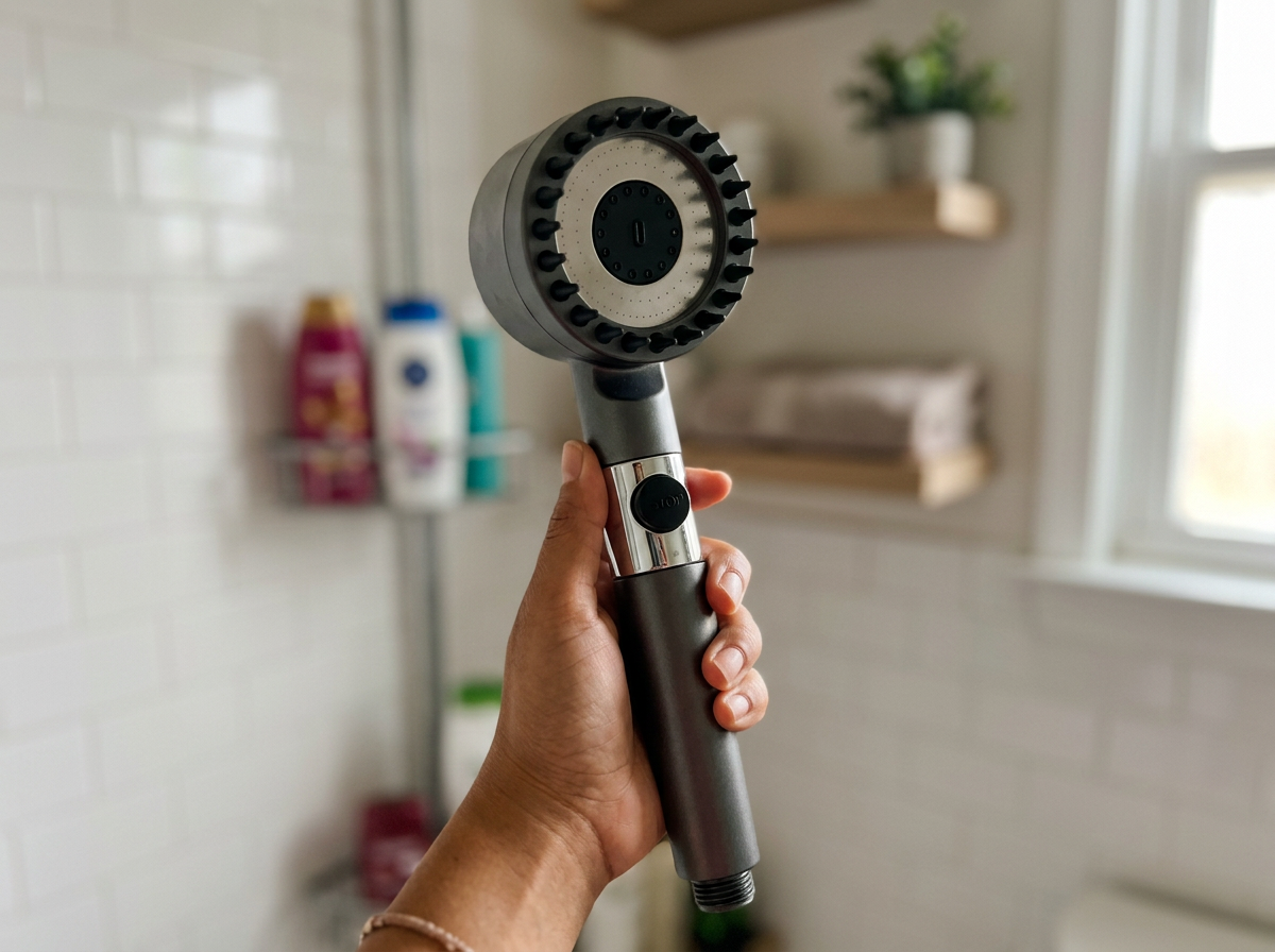 Cliente sosteniendo la ducha Hidraspa Max con cerdas de silicona