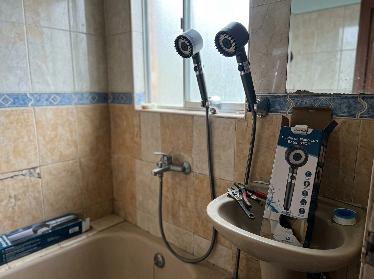 Ducha Hidraspa Max recién instalada en el baño con su caja