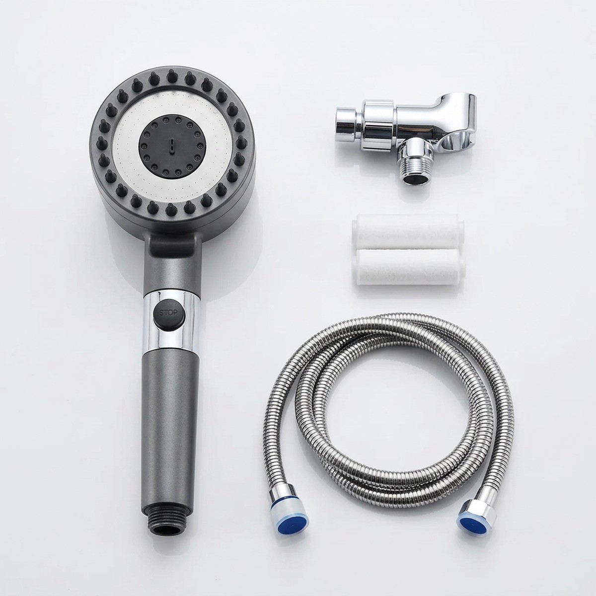 Kit completo de la Ducha Turbo Hidraspa Max con manguera de acero, soporte y filtros